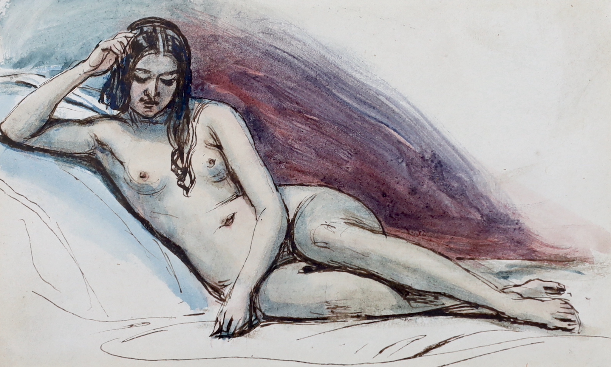 William Edward Frost (1810-1877), ink and watercolour, Study of a reclining nude female, unsigned, gallery label verso, 9 x 15cm